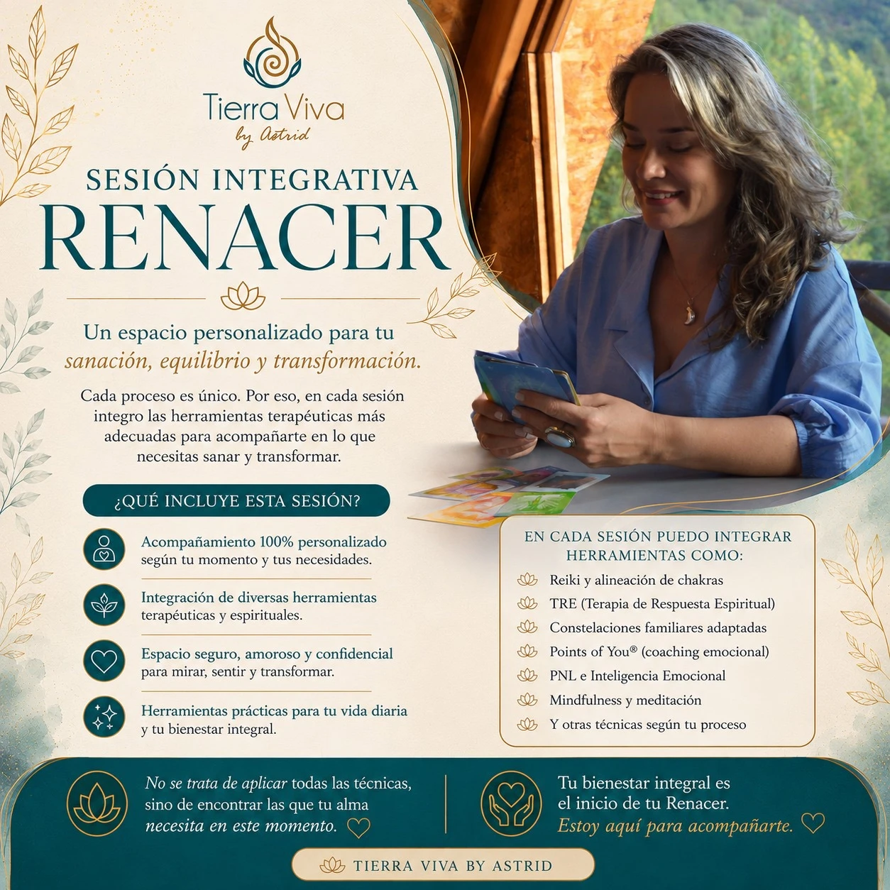 Sesión Integrativa Renacer - flyer con detalles de la sesión terapéutica personalizada